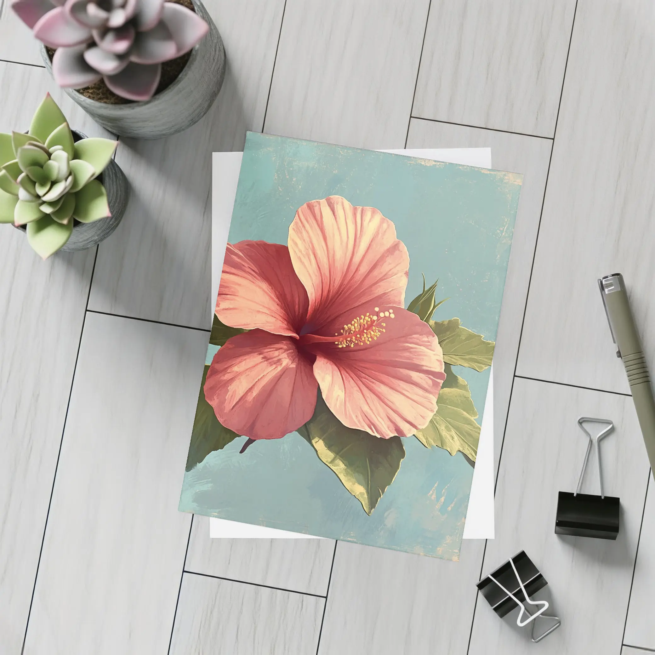 Pink Hibiscus Flower Vintage Teal Background – Postcards