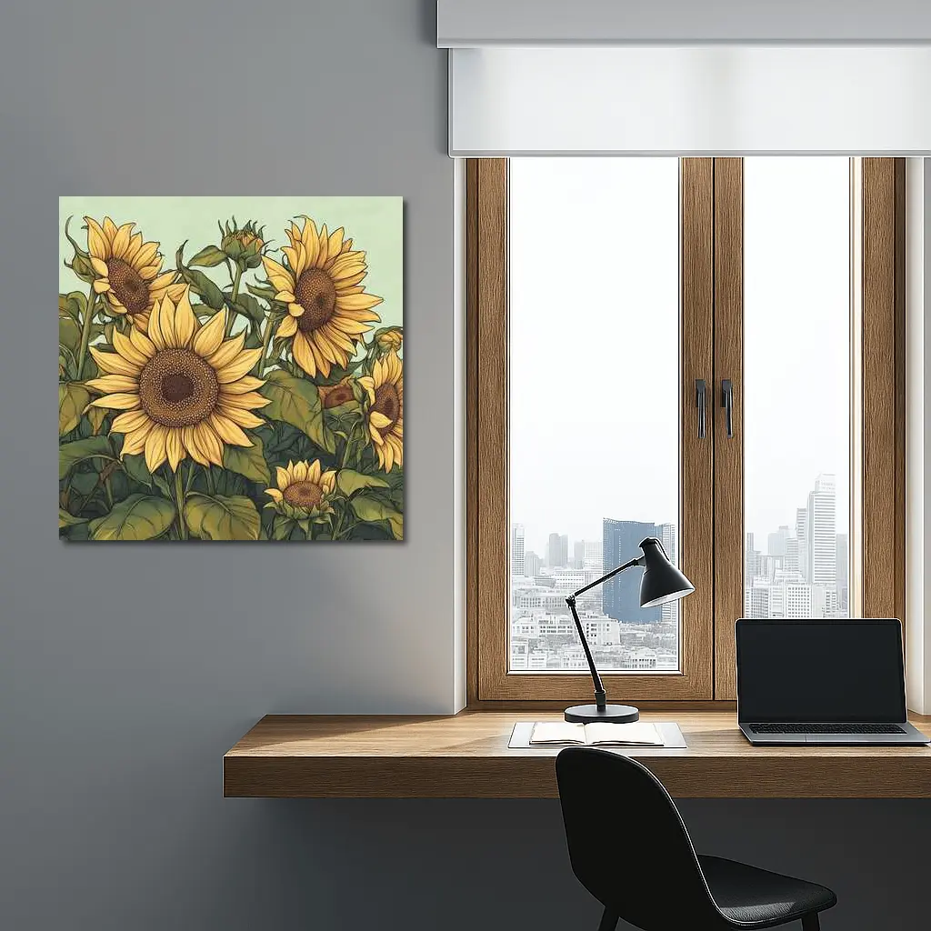 Sunflower Garden Illustration Soft Green Background – Wall Art