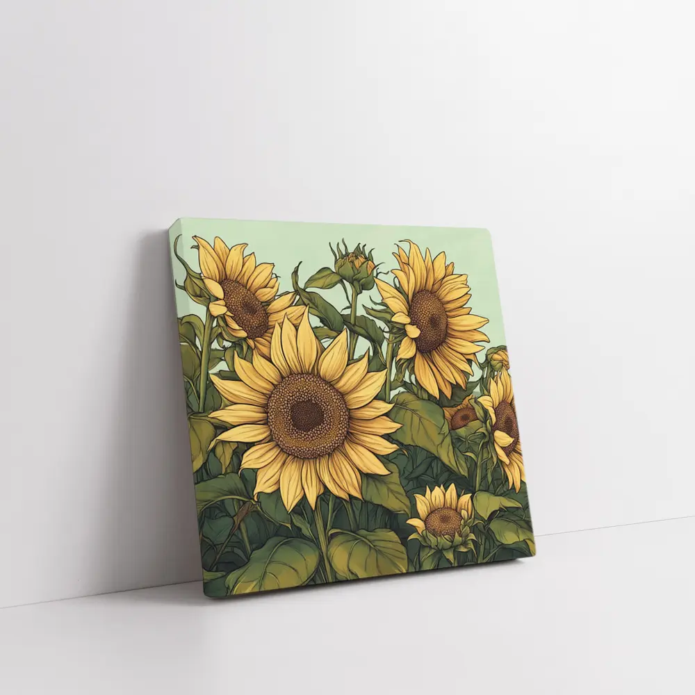 Sunflower Garden Illustration Soft Green Background – Wall Art