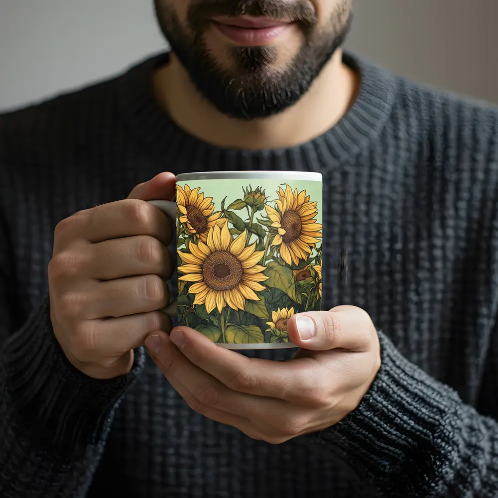 Sunflower Garden Illustration Soft Green Background – Mugs
