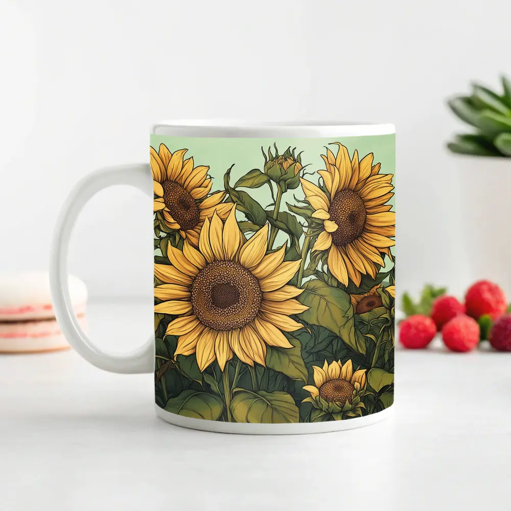 Sunflower Garden Illustration Soft Green Background – Mugs