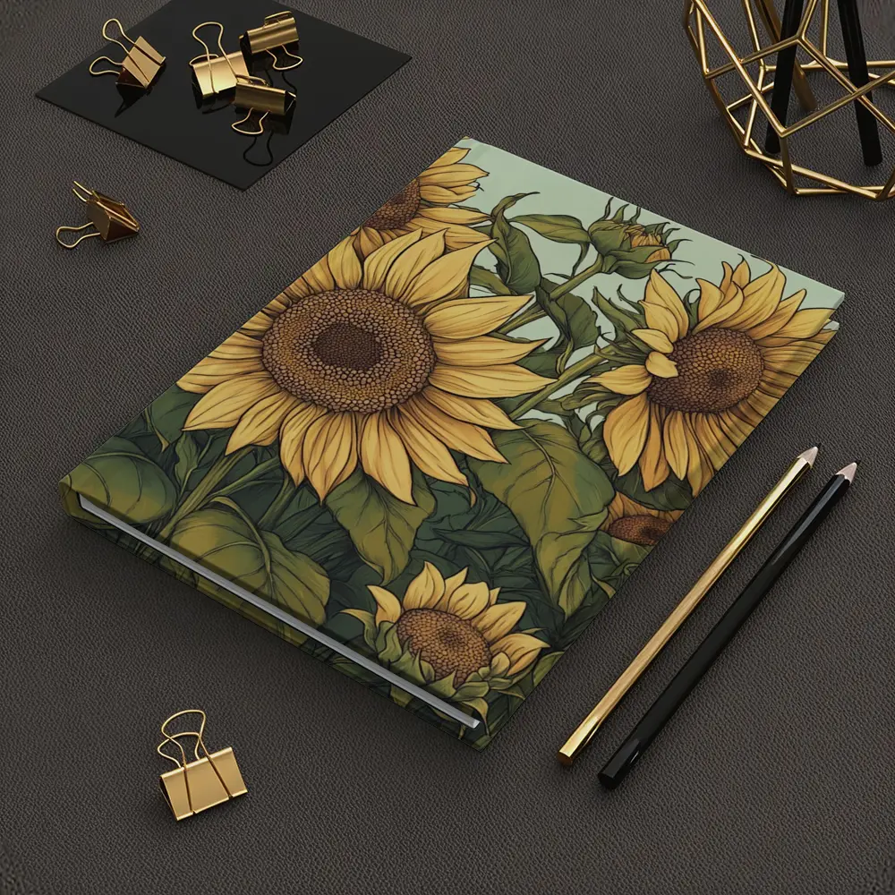 Sunflower Garden Illustration Soft Green Background – Notebooks