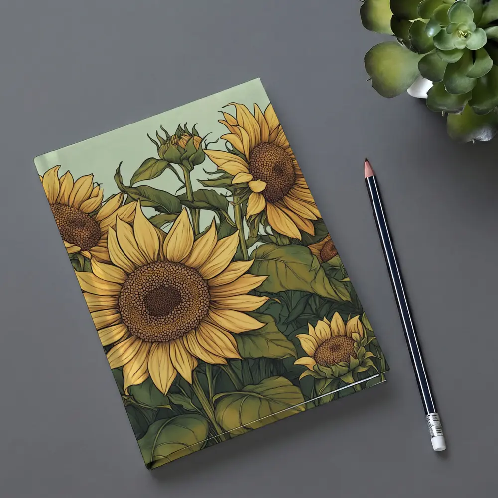 Sunflower Garden Illustration Soft Green Background – Notebooks