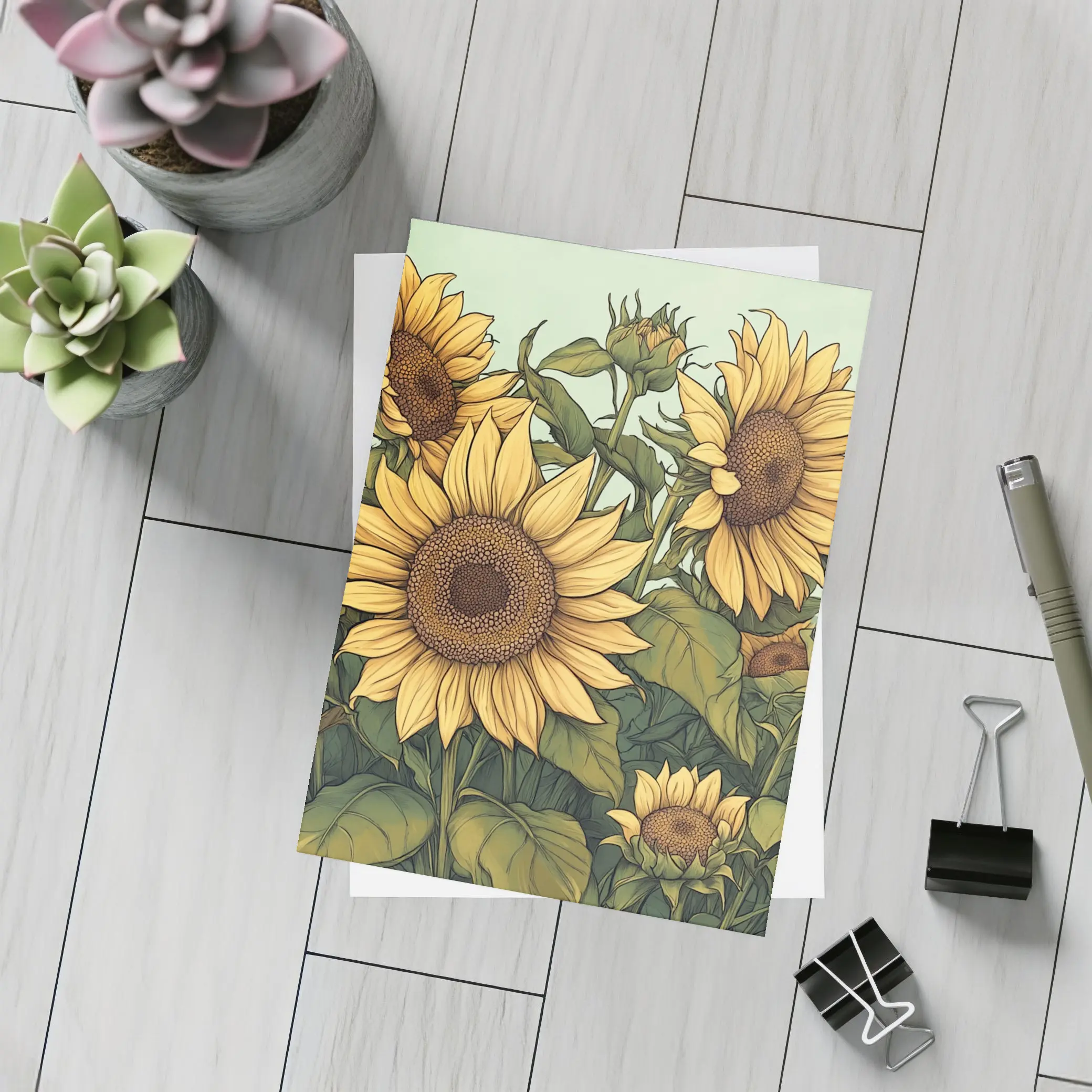 Sunflower Garden Illustration Soft Green Background – Postcards