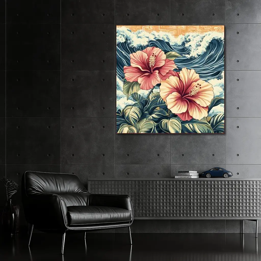 Hibiscus Flowers Ocean Waves Japanese Art Style – Wall Art