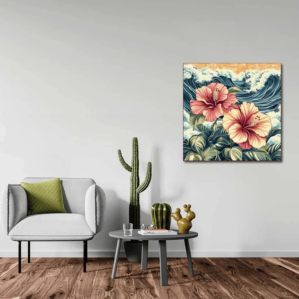 Hibiscus Flowers Ocean Waves Japanese Art Style – Wall Art