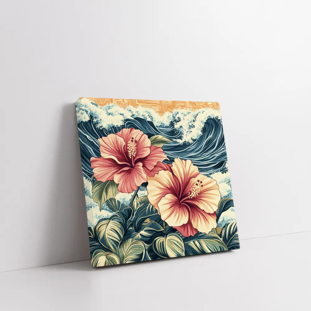 Hibiscus Flowers Ocean Waves Japanese Art Style – Wall Art