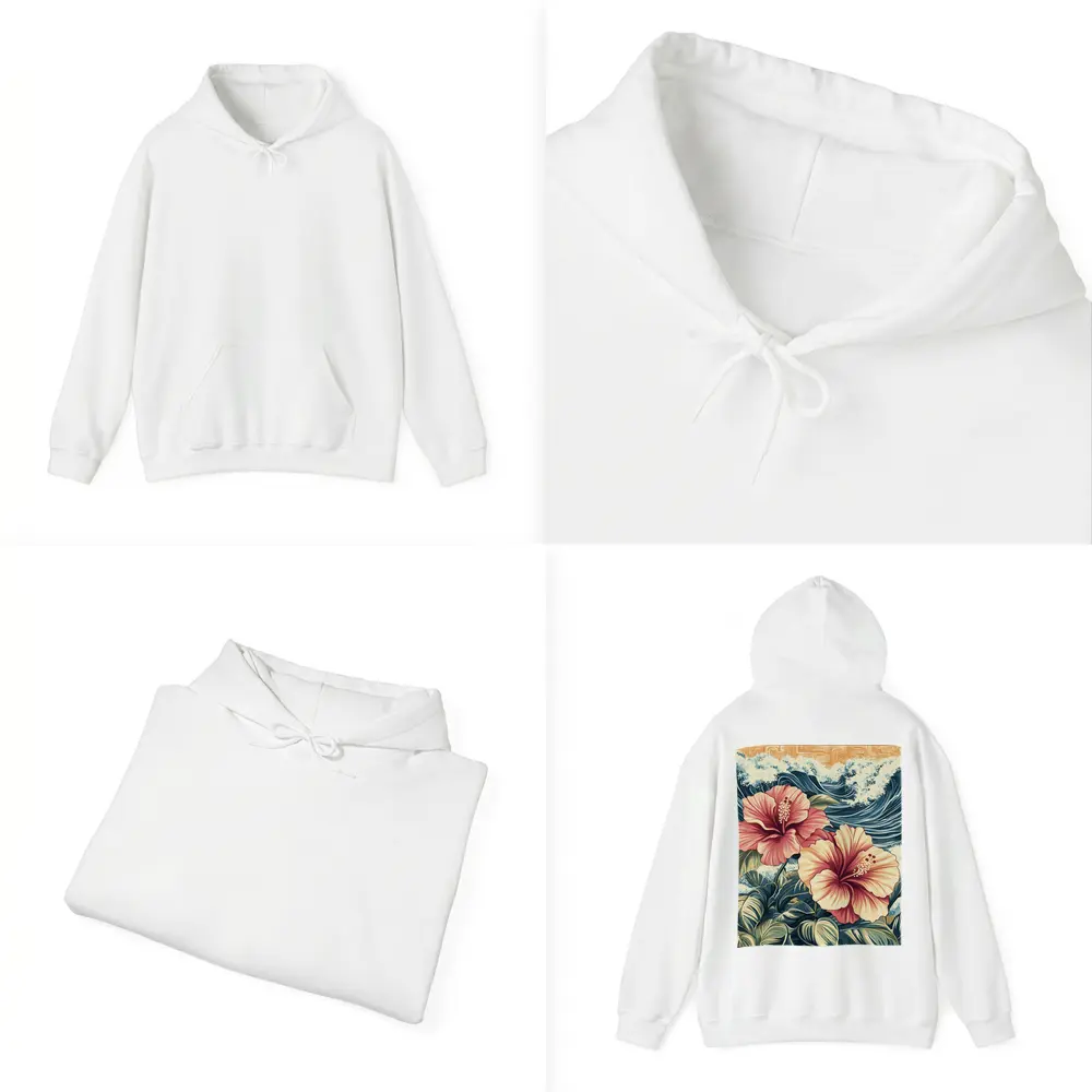 Hibiscus Flowers Ocean Waves Japanese Art Style – Hoodies