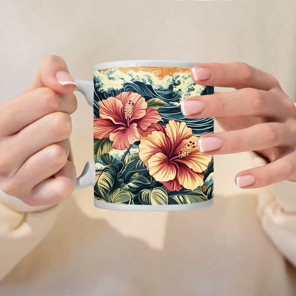 Hibiscus Flowers Ocean Waves Japanese Art Style – Mugs