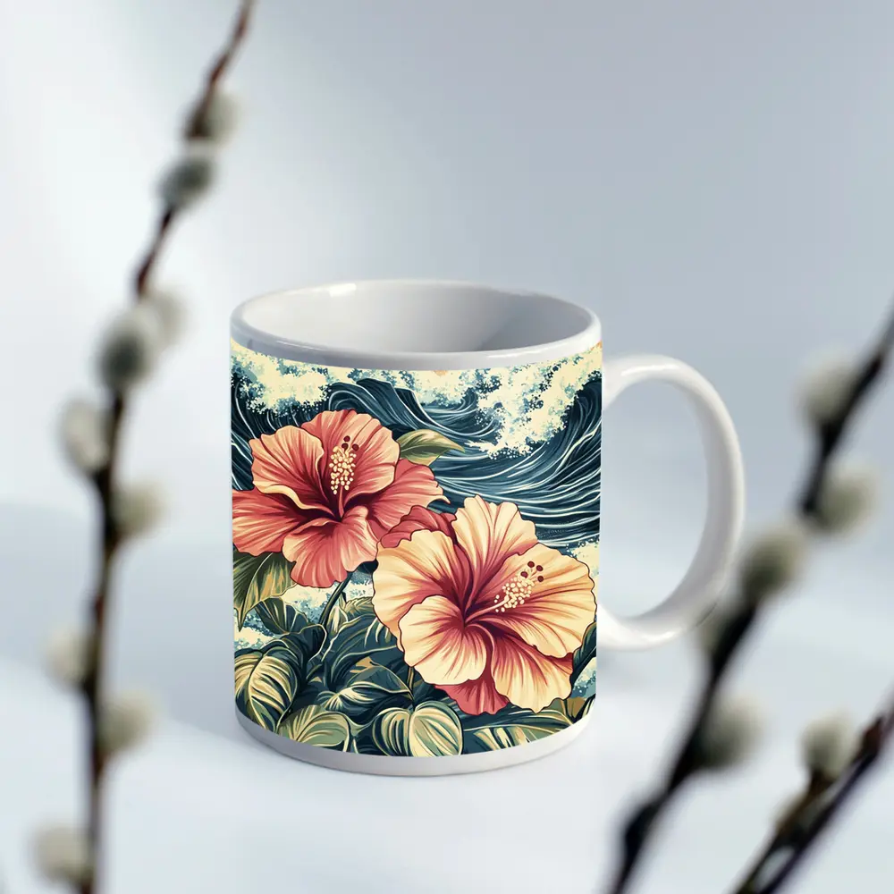 Hibiscus Flowers Ocean Waves Japanese Art Style – Mugs