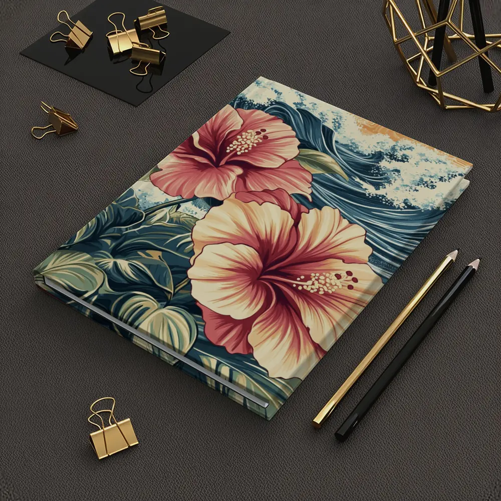 Hibiscus Flowers Ocean Waves Japanese Art Style – Notebooks