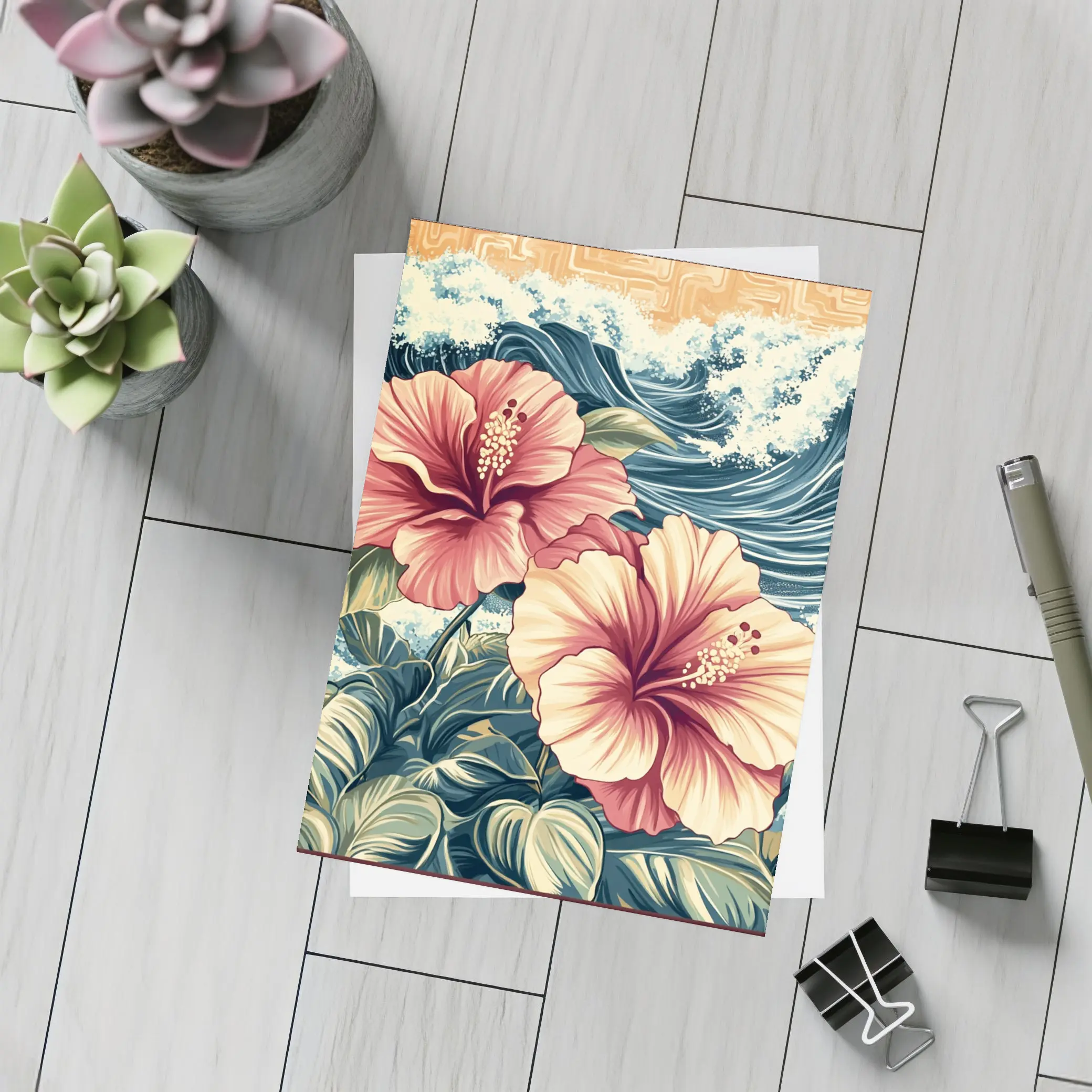 Hibiscus Flowers Ocean Waves Japanese Art Style – Postcards