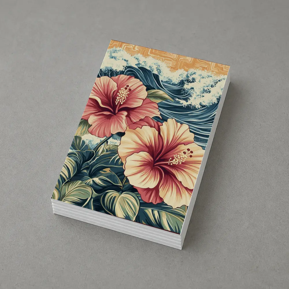 Hibiscus Flowers Ocean Waves Japanese Art Style – Postcards