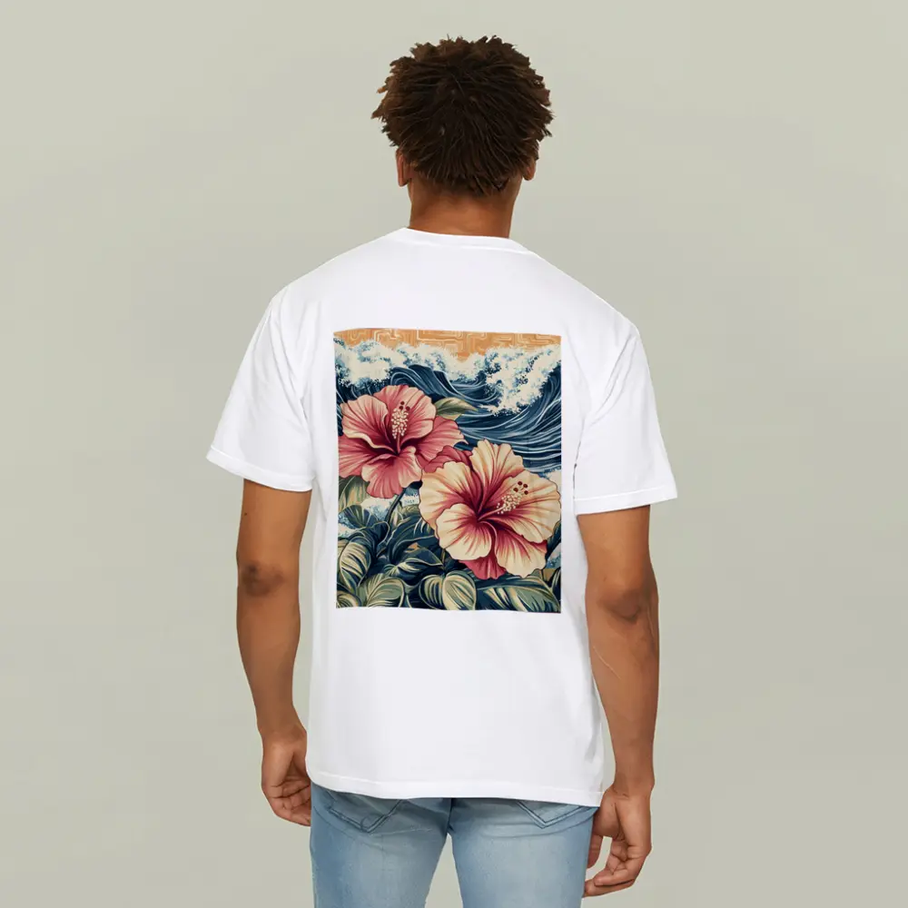 Hibiscus Flowers Ocean Waves Japanese Art Style – T-Shirts