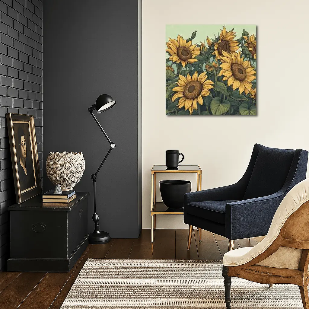 Illustrated Sunflowers Field Soft Green Background – Wall Art