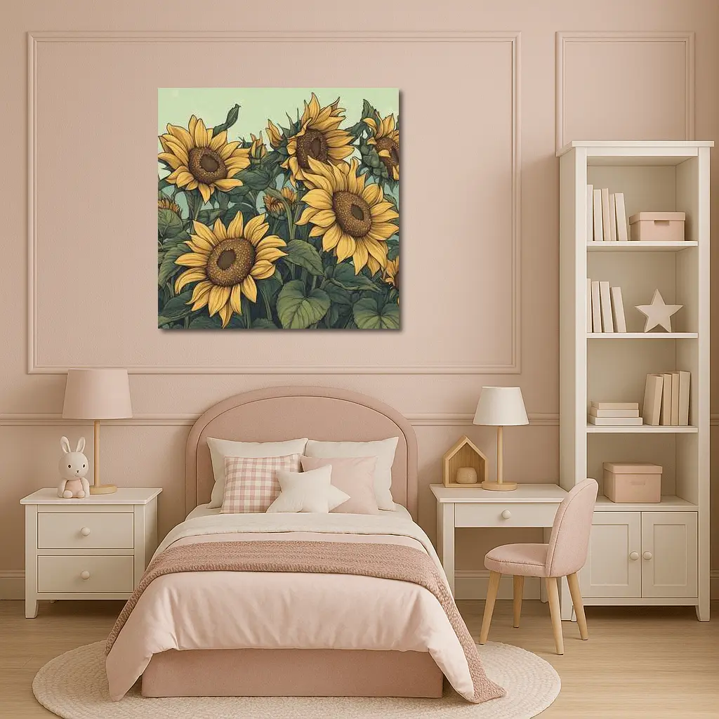 Illustrated Sunflowers Field Soft Green Background – Wall Art