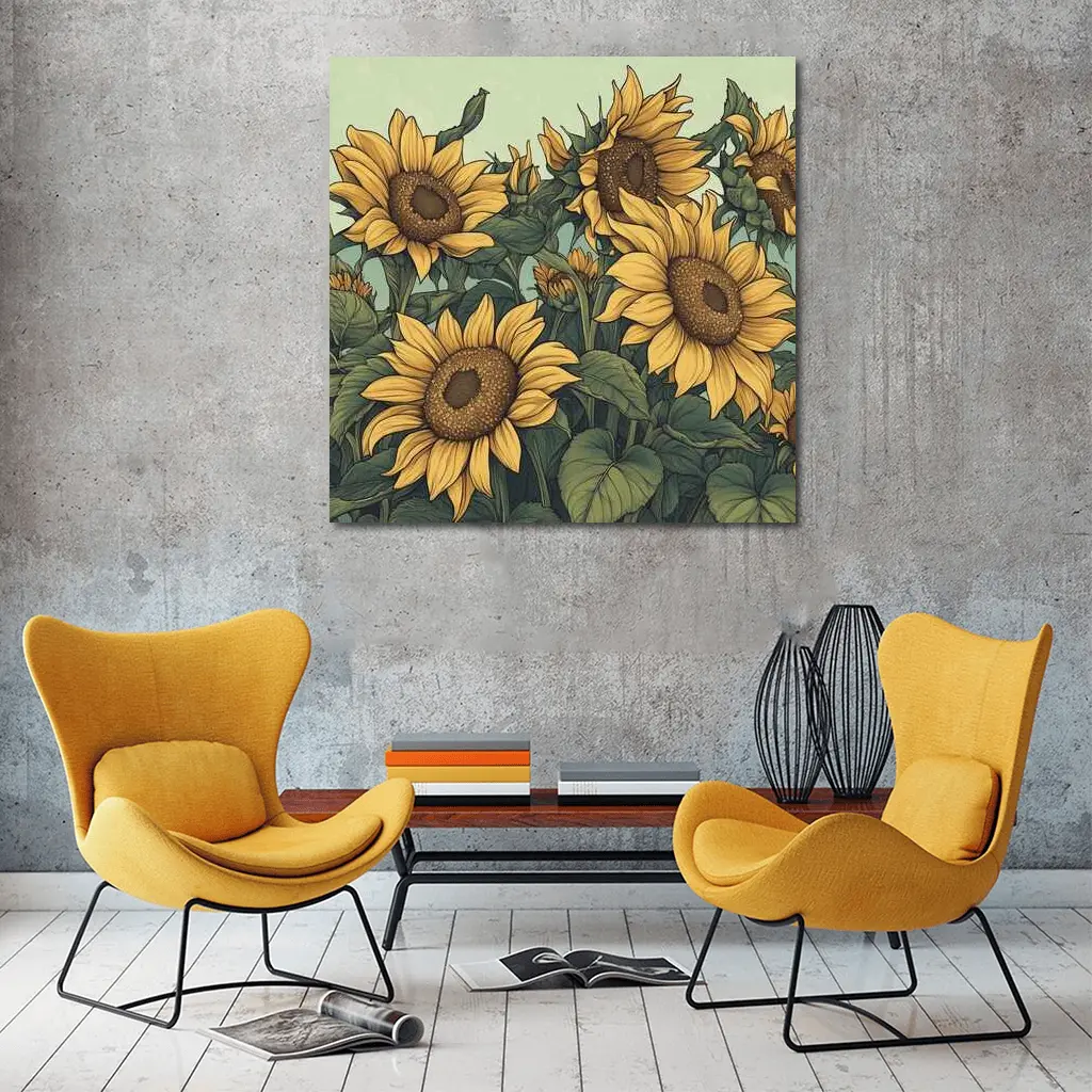 Illustrated Sunflowers Field Soft Green Background – Wall Art