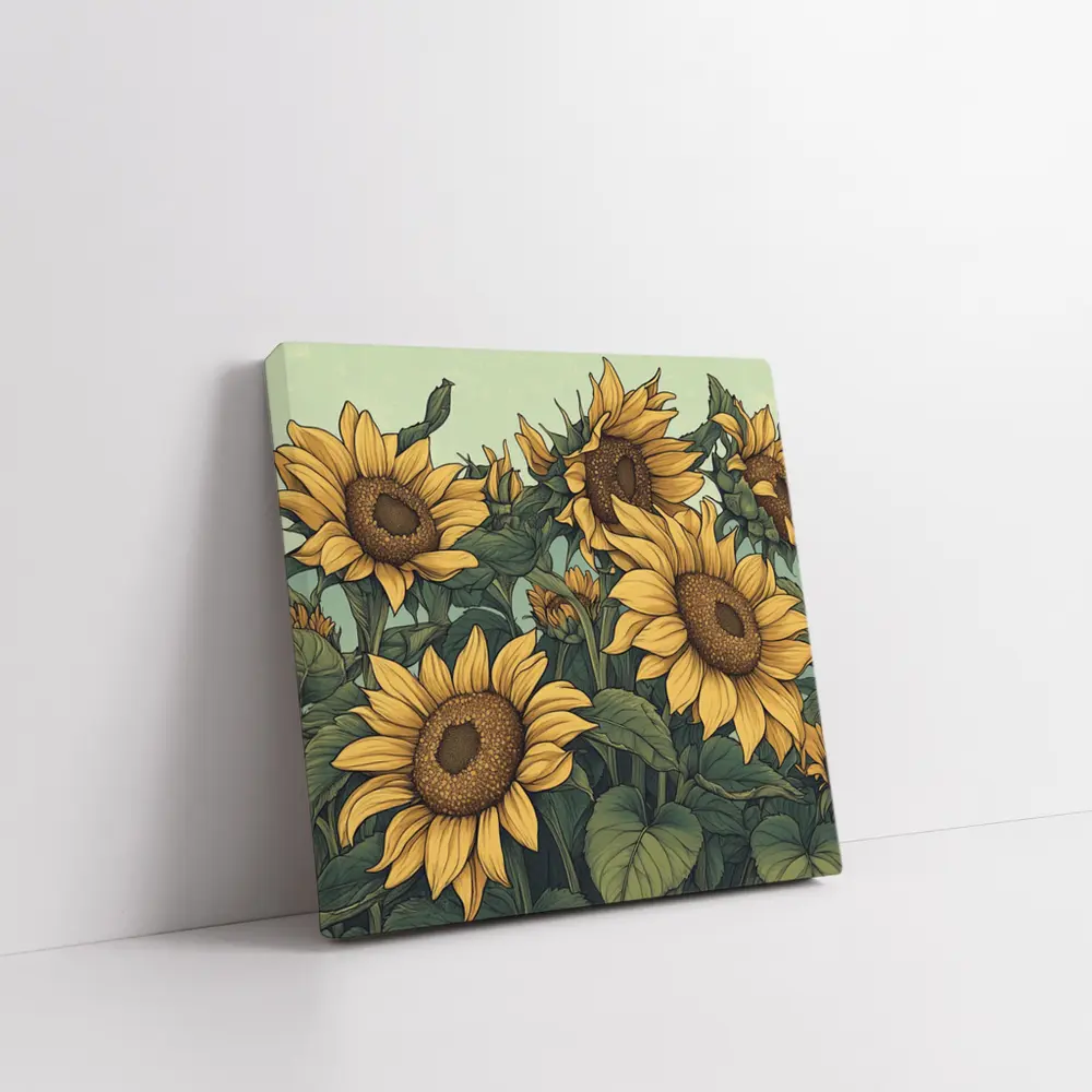 Illustrated Sunflowers Field Soft Green Background – Wall Art