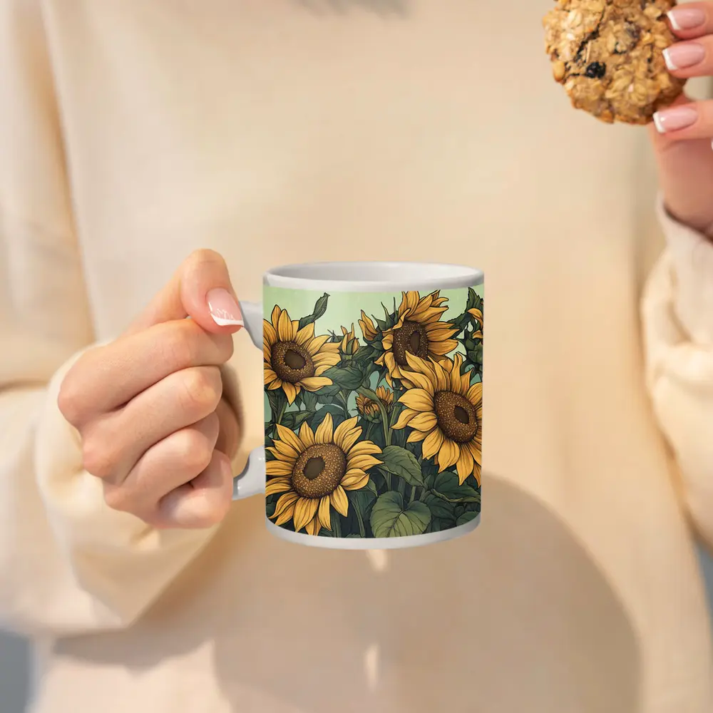 Illustrated Sunflowers Field Soft Green Background – Mugs