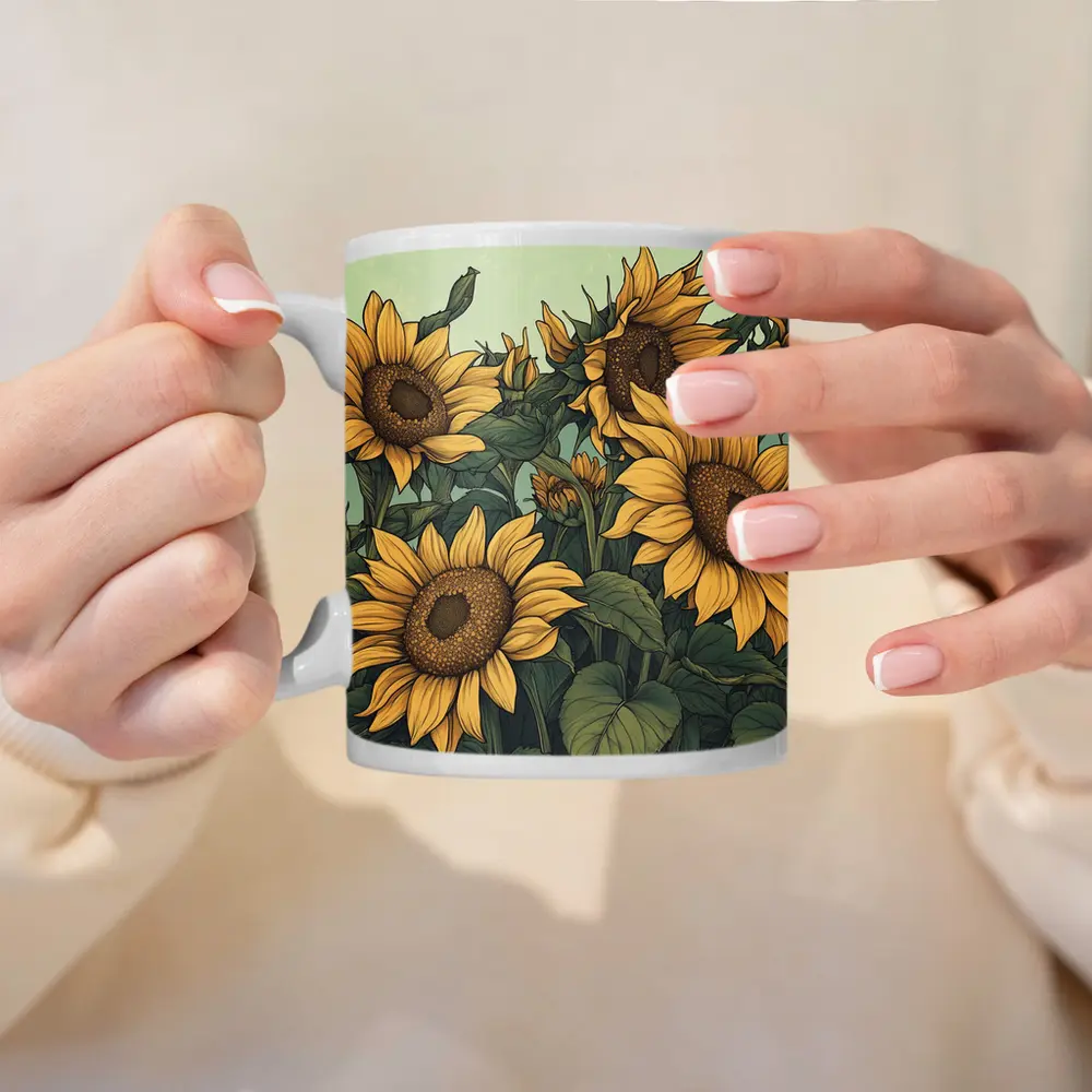 Illustrated Sunflowers Field Soft Green Background – Mugs