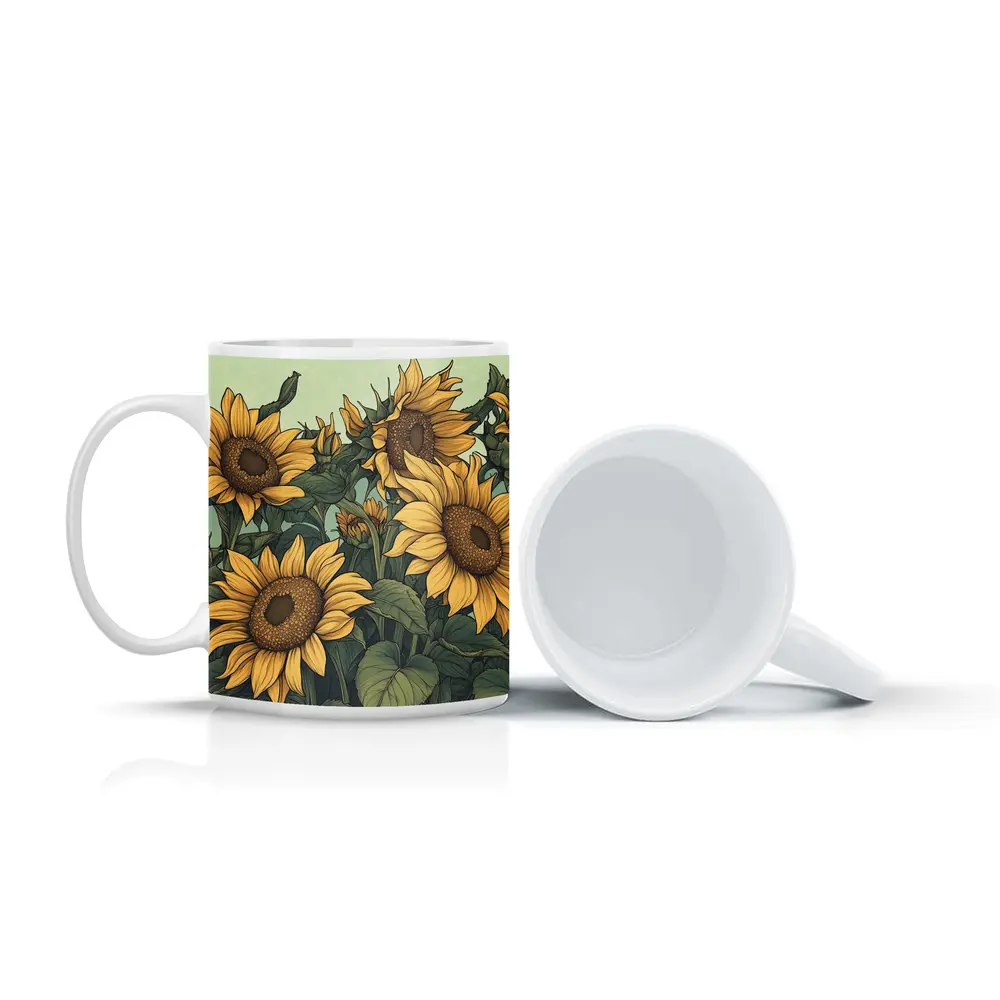 Illustrated Sunflowers Field Soft Green Background – Mugs