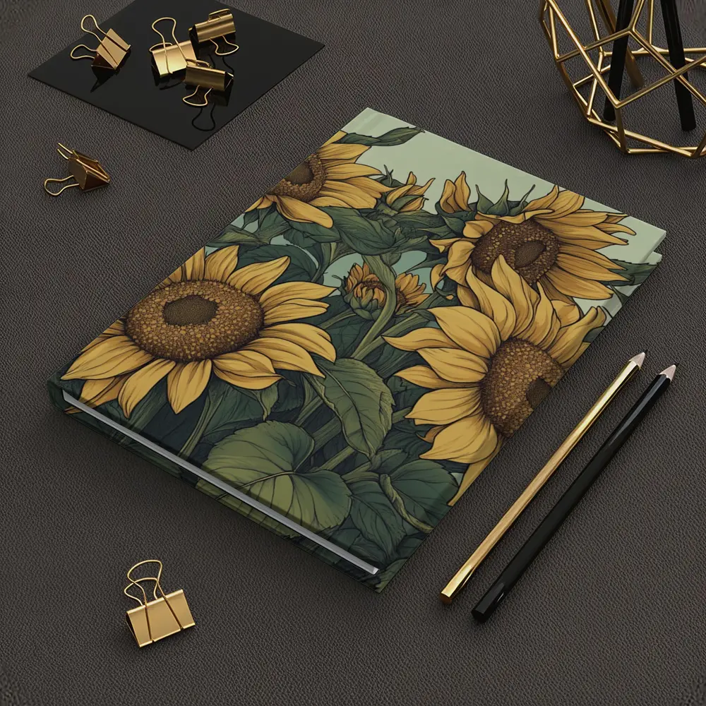 Illustrated Sunflowers Field Soft Green Background – Notebooks