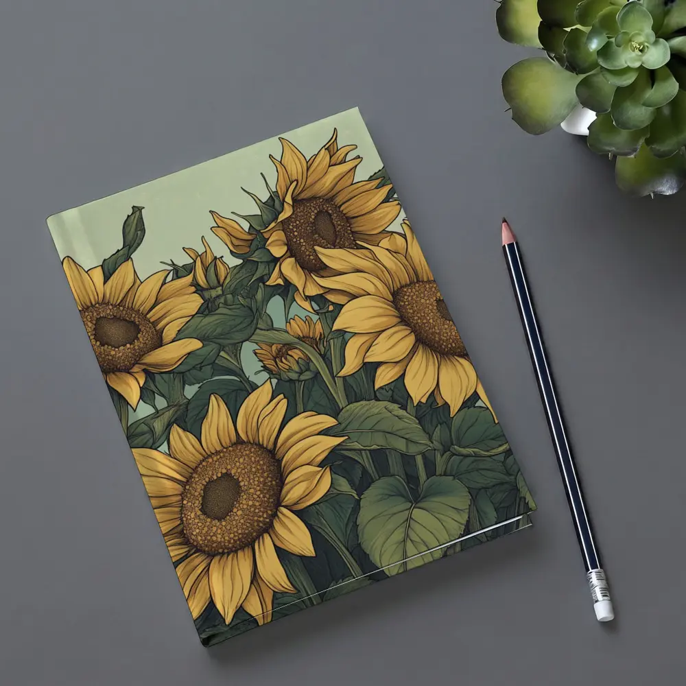 Illustrated Sunflowers Field Soft Green Background – Notebooks