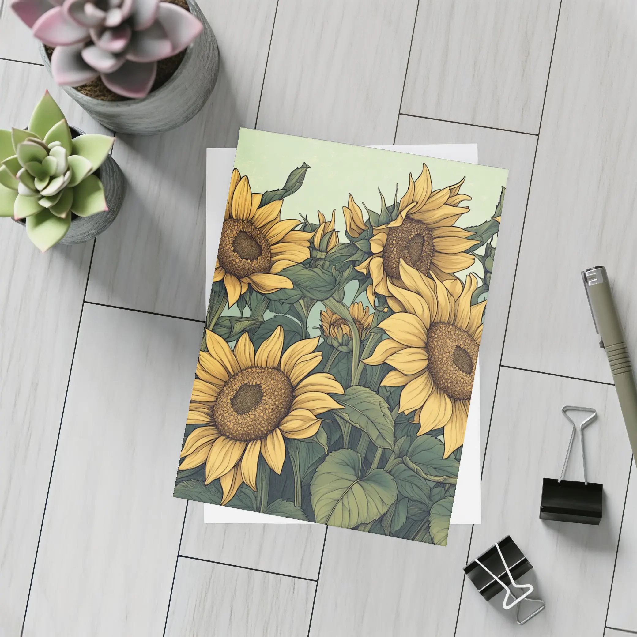 Illustrated Sunflowers Field Soft Green Background – Postcards