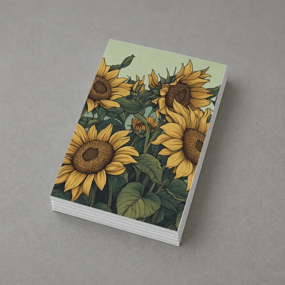Illustrated Sunflowers Field Soft Green Background – Postcards