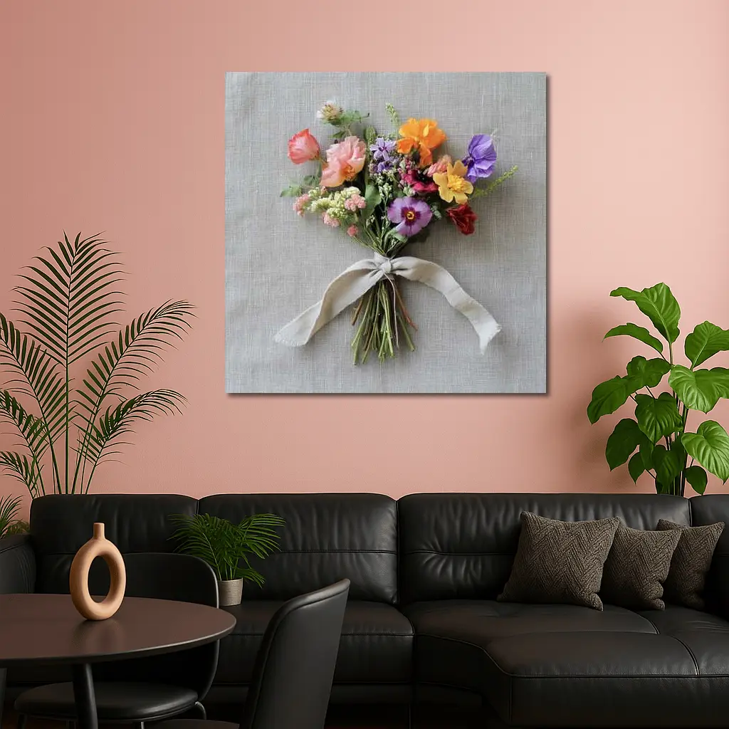 Colorful Wildflower Bouquet Tied Linen Ribbon – Wall Art