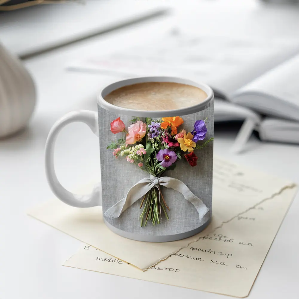 Colorful Wildflower Bouquet Tied Linen Ribbon – Mugs