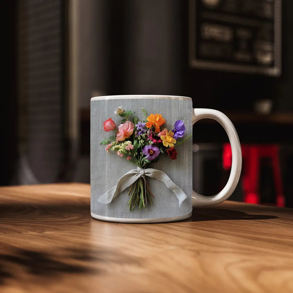 Colorful Wildflower Bouquet Tied Linen Ribbon – Mugs