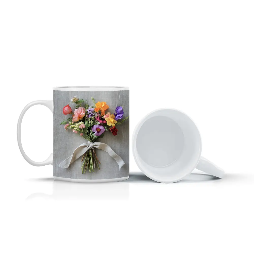 Colorful Wildflower Bouquet Tied Linen Ribbon – Mugs
