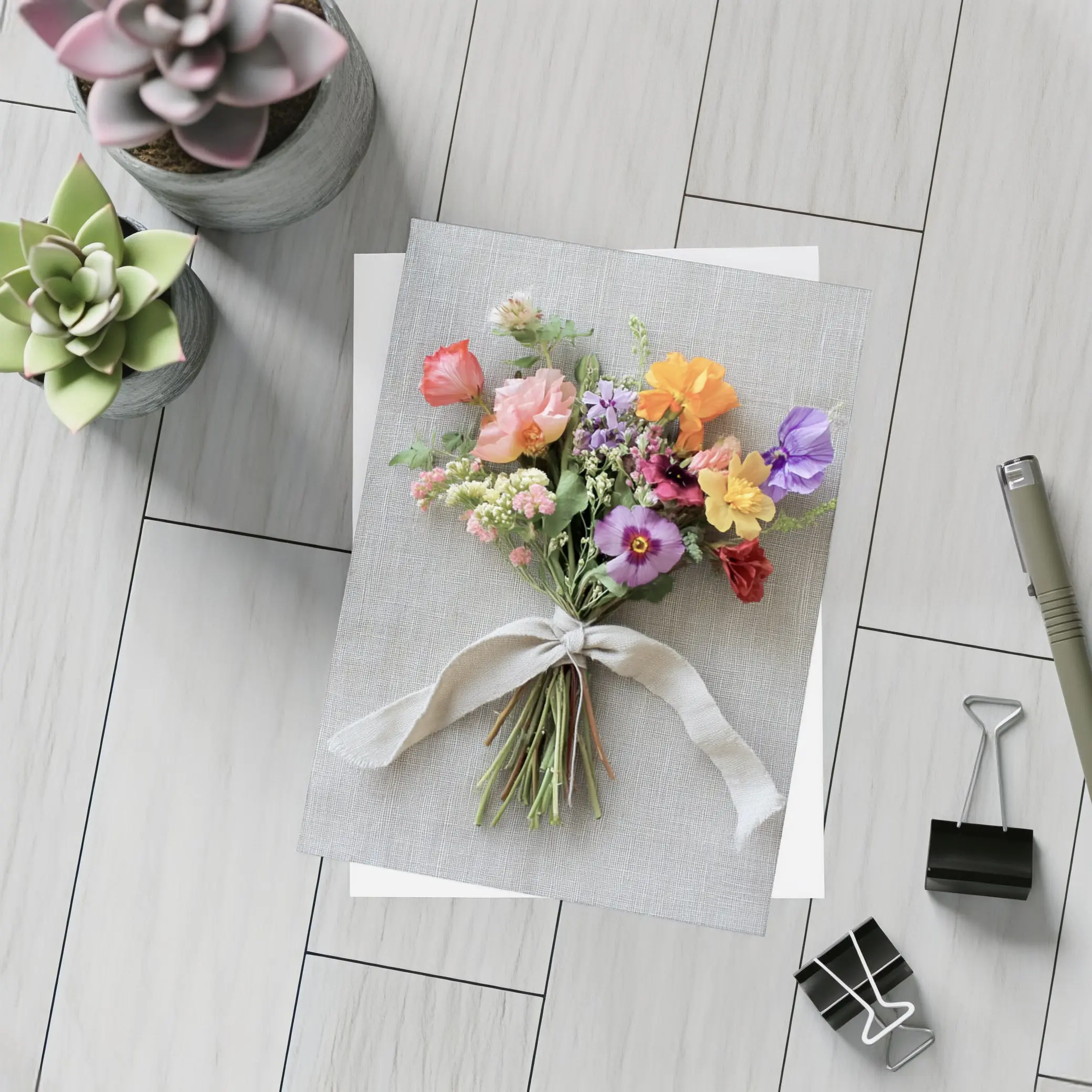 Colorful Wildflower Bouquet Tied Linen Ribbon – Postcards
