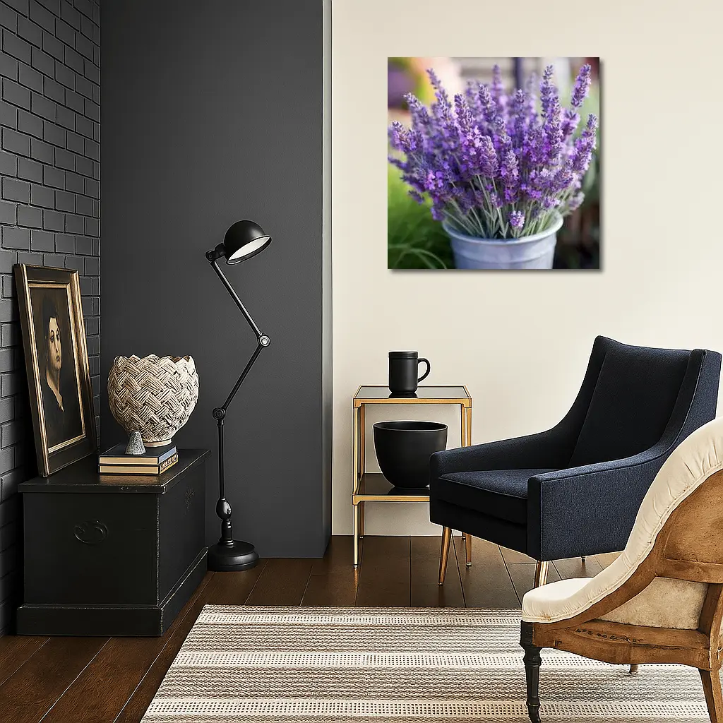 Lavender Flowers Bouquet In Metal Bucket – Wall Art