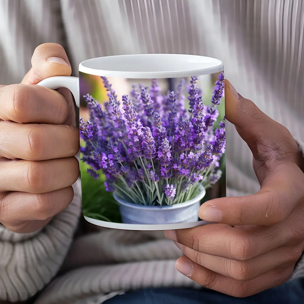 Lavender Flowers Bouquet In Metal Bucket – Mugs