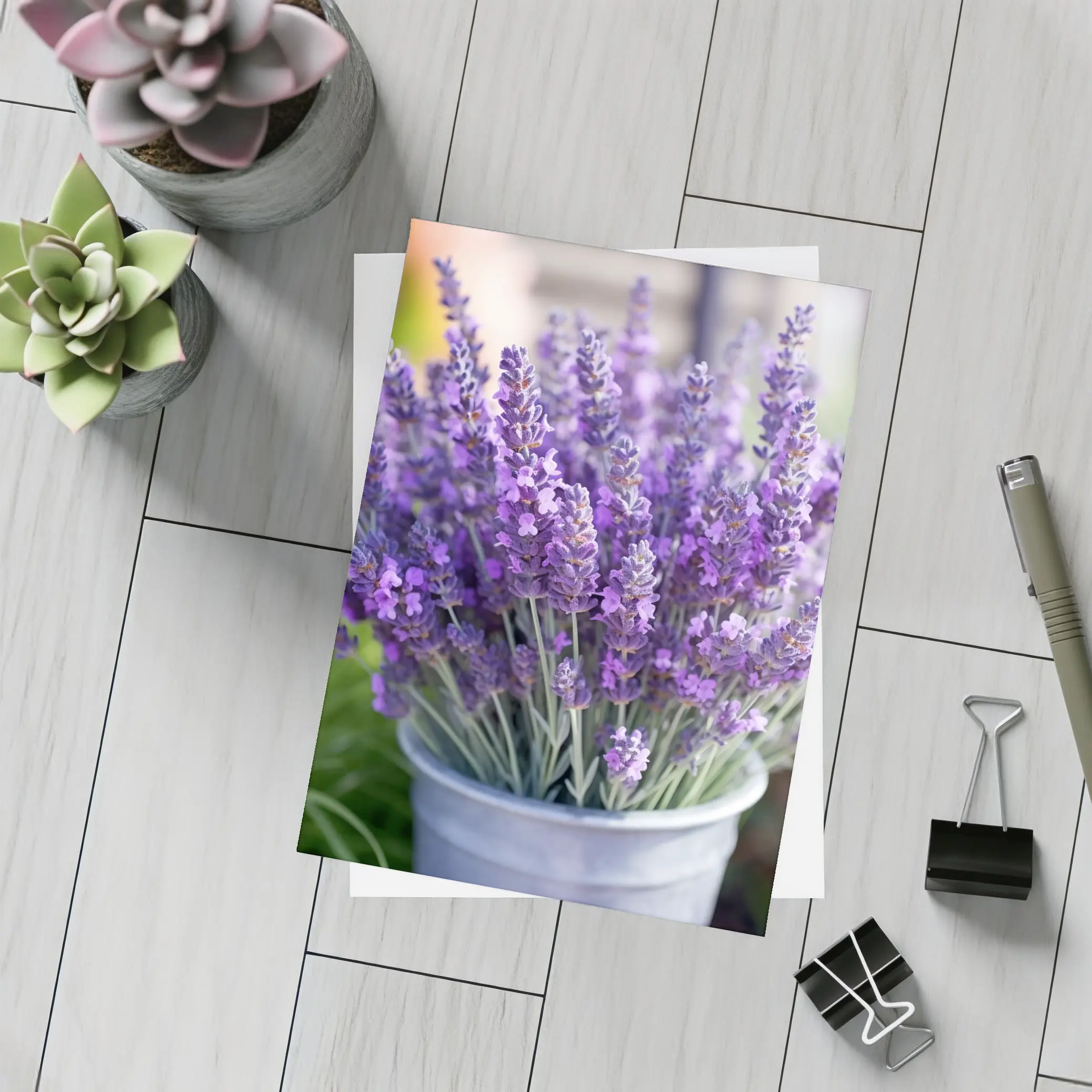 Lavender Flowers Bouquet In Metal Bucket – Postcards