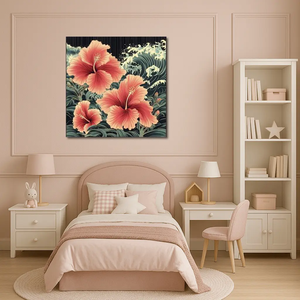 Hibiscus Flowers Japanese Wave Art Style – Wall Art