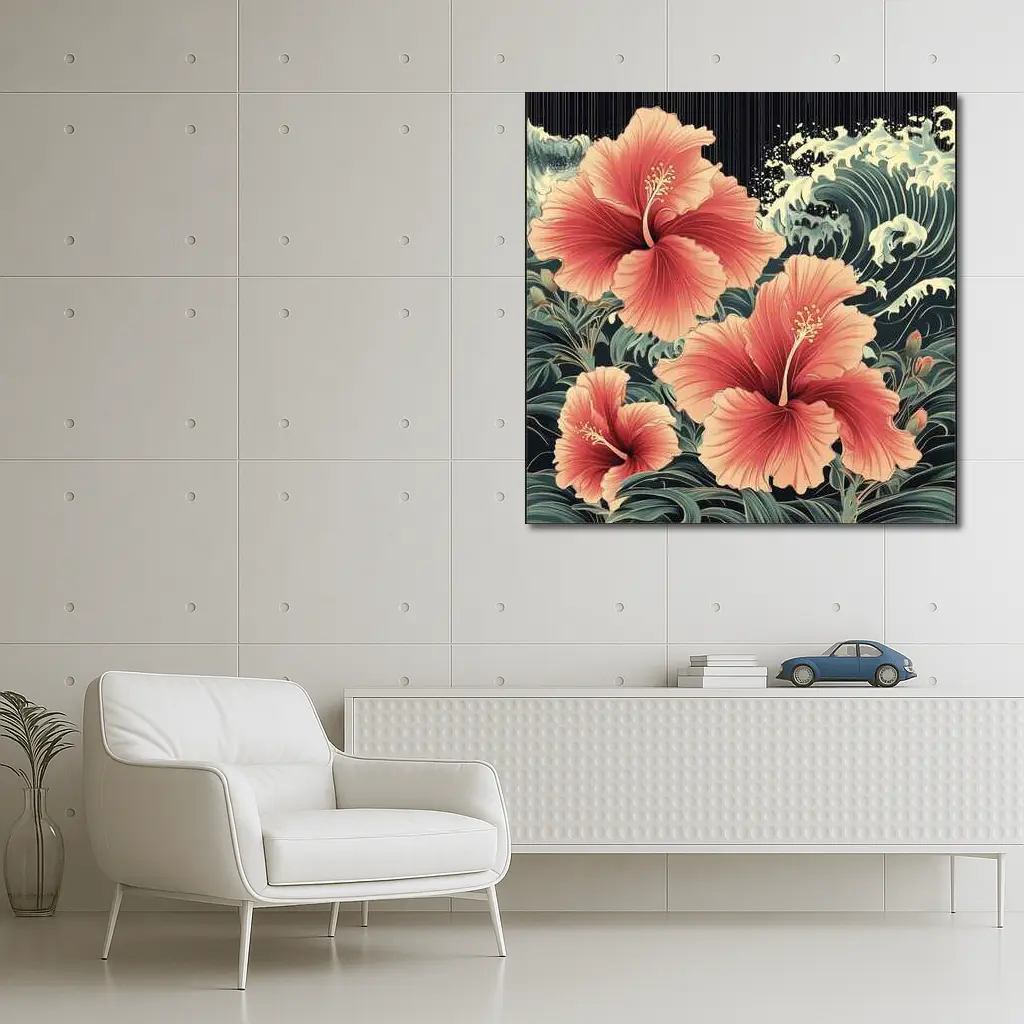 Hibiscus Flowers Japanese Wave Art Style – Wall Art
