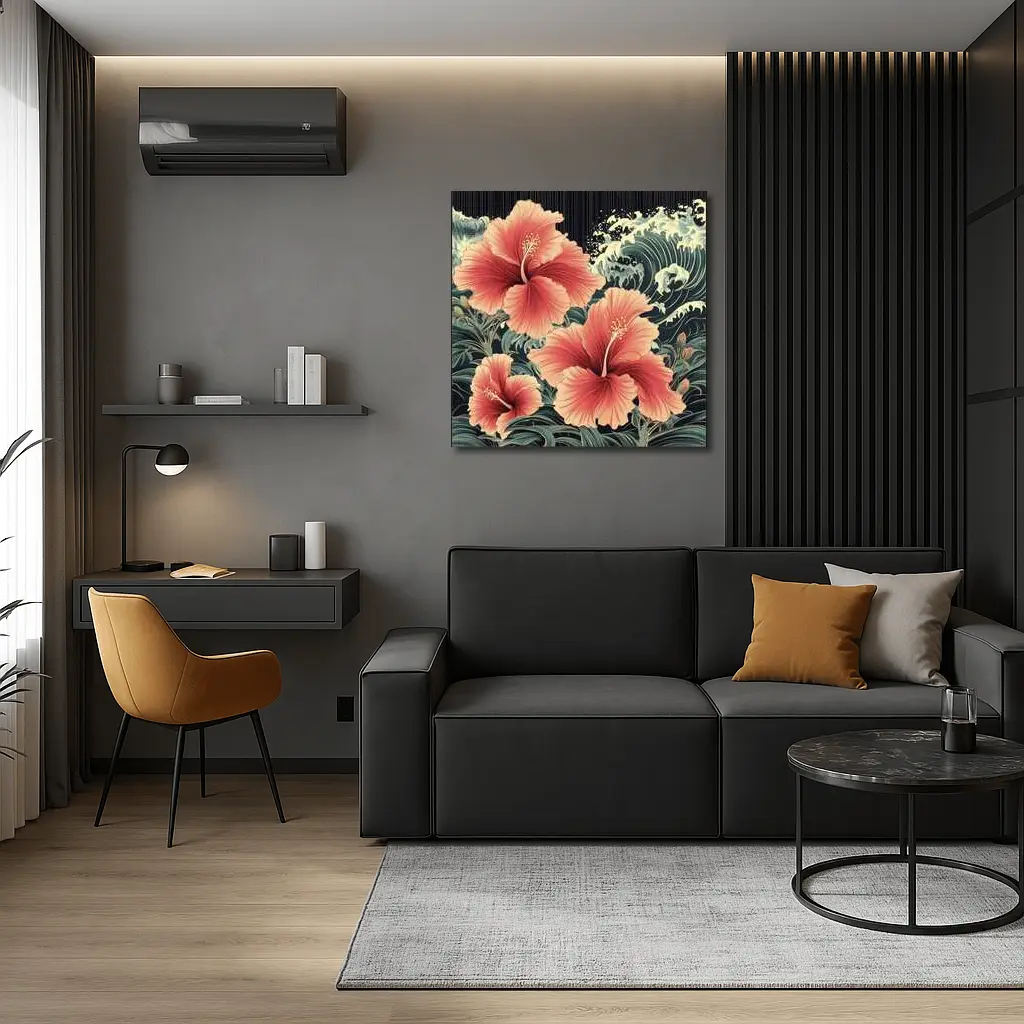 Hibiscus Flowers Japanese Wave Art Style – Wall Art