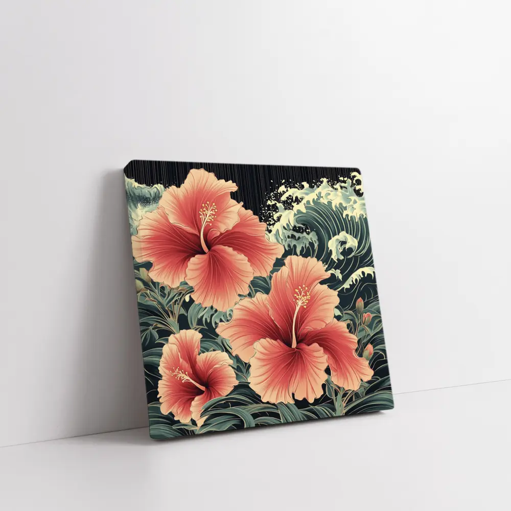 Hibiscus Flowers Japanese Wave Art Style – Wall Art