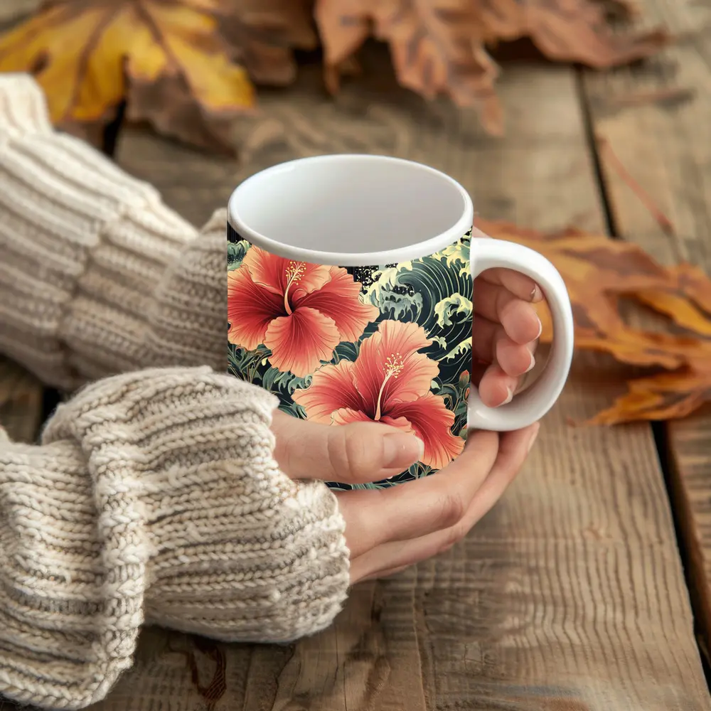 Hibiscus Flowers Japanese Wave Art Style – Mugs
