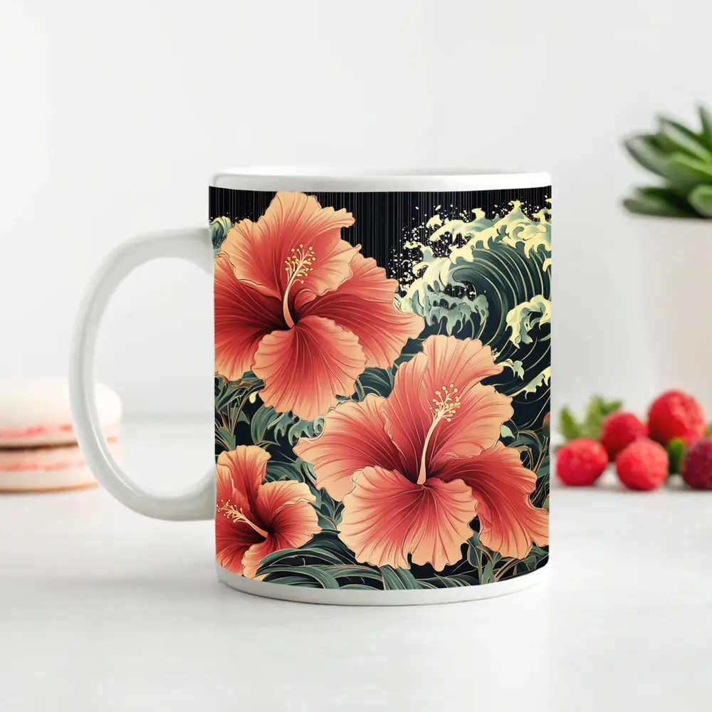 Hibiscus Flowers Japanese Wave Art Style – Mugs