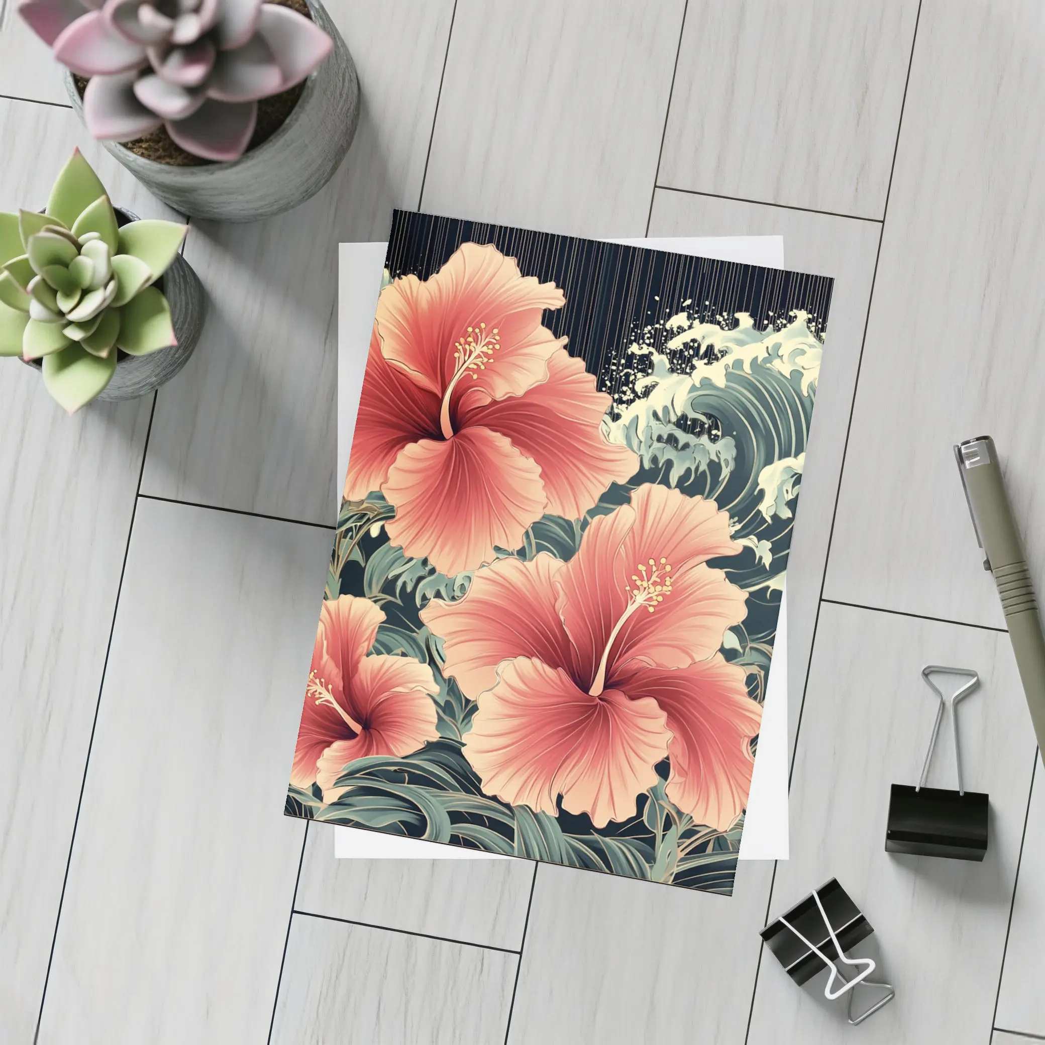 Hibiscus Flowers Japanese Wave Art Style – Postcards