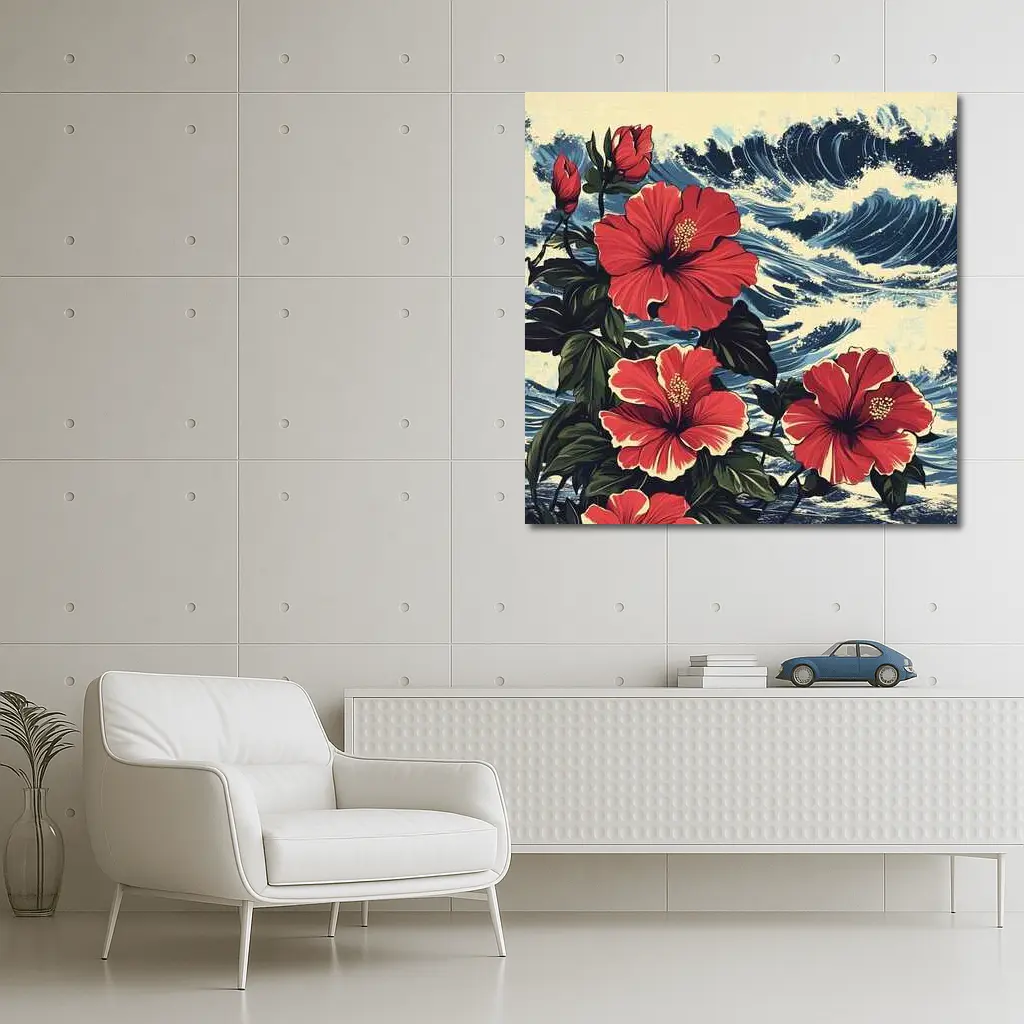 Red Hibiscus Flowers Ocean Waves Japanese Style – Wall Art