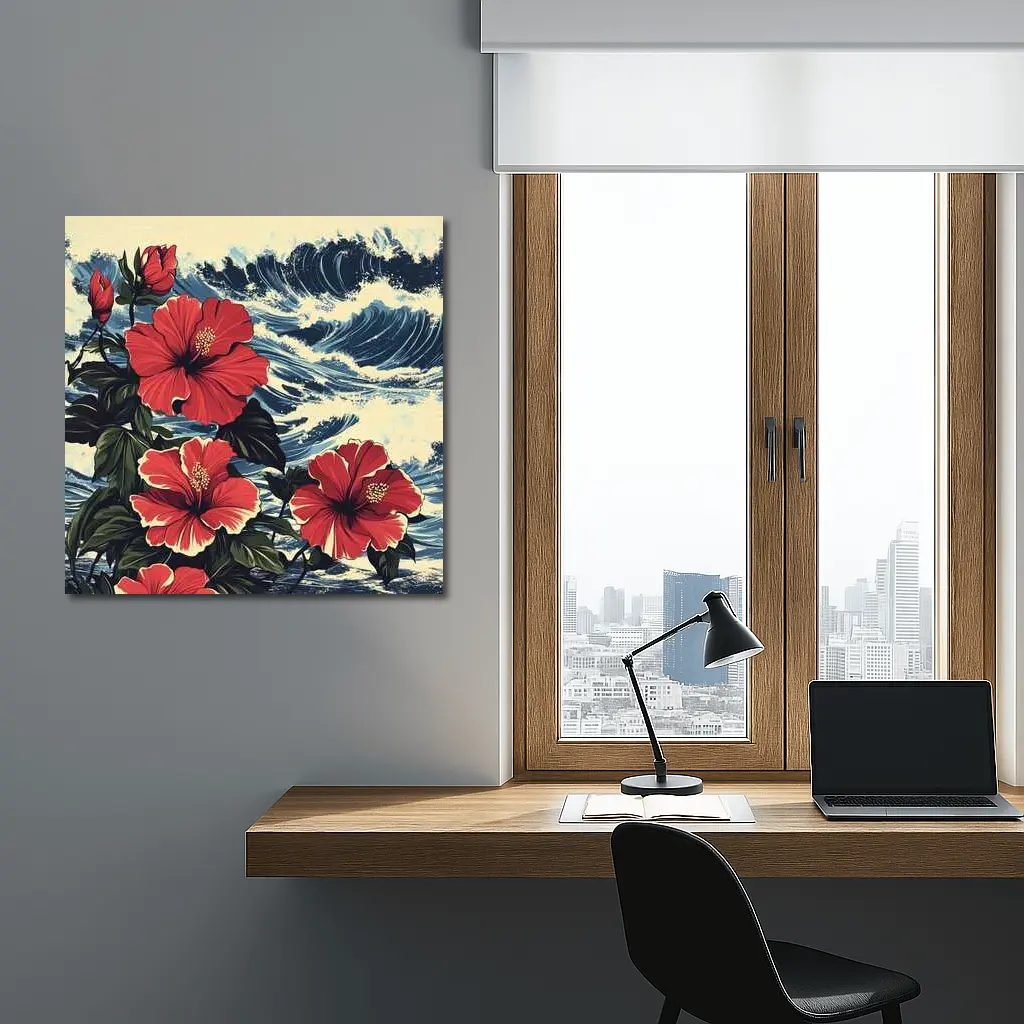 Red Hibiscus Flowers Ocean Waves Japanese Style – Wall Art