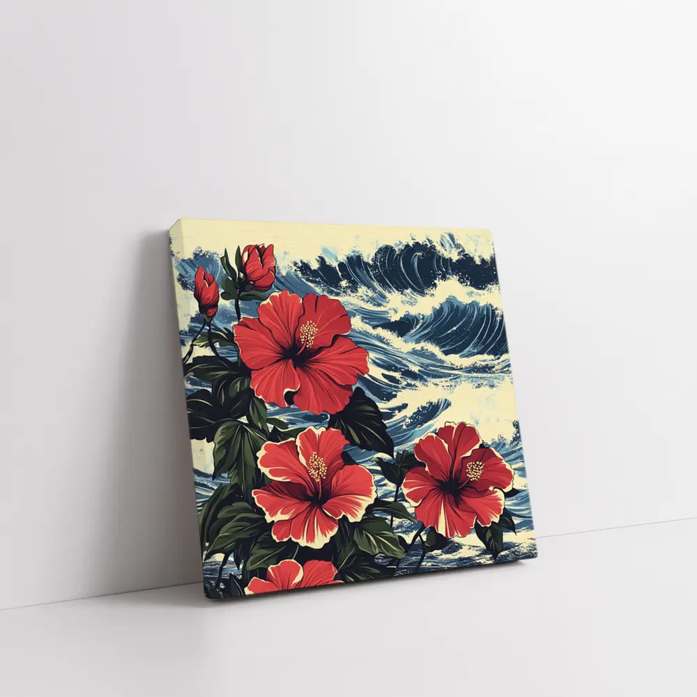 Red Hibiscus Flowers Ocean Waves Japanese Style – Wall Art