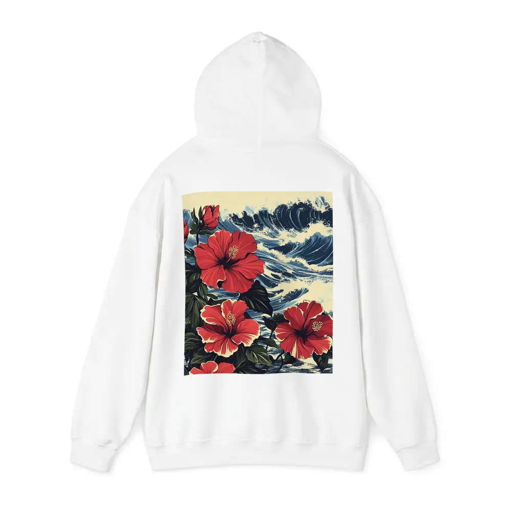 Red Hibiscus Flowers Ocean Waves Japanese Style – Hoodies