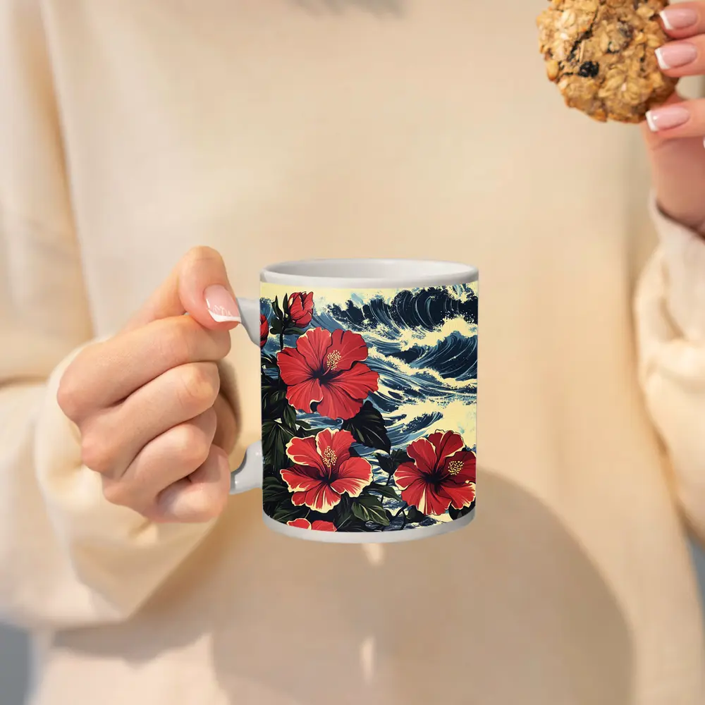 Red Hibiscus Flowers Ocean Waves Japanese Style – Mugs