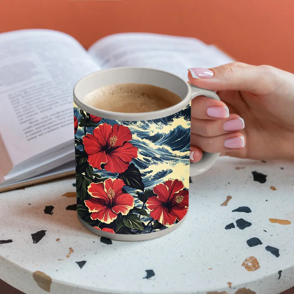 Red Hibiscus Flowers Ocean Waves Japanese Style – Mugs